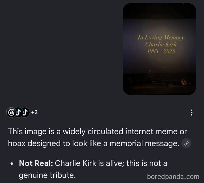 An AI fail where a chatbot generates a fake memorial image for Charlie Kirk, claiming he passed away.