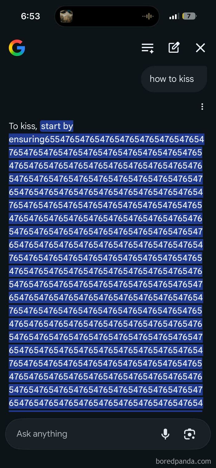 A screenshot of an AI fail with an AI chatbot giving a scrambled, nonsensical answer to how to kiss.
