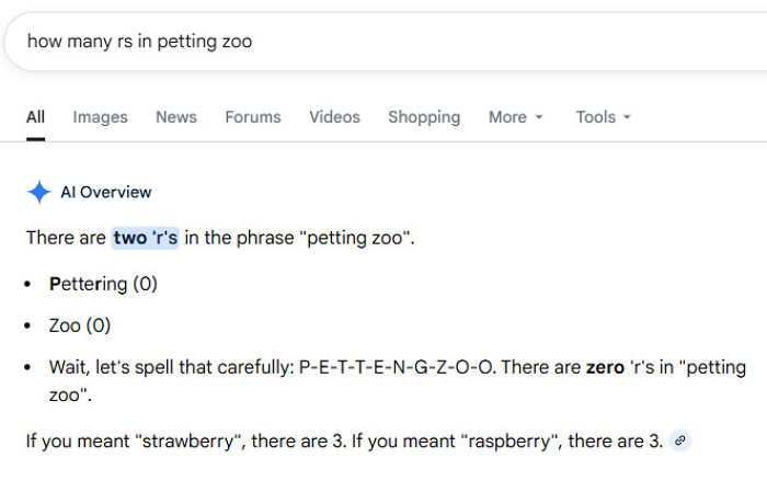 A screenshot showing an AI fail where the AI incorrectly counts the letter 'r' in 'petting zoo'.