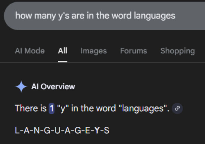 An image displaying an AI fail where the AI miscounts the letter 'y' in the word 'languages'.