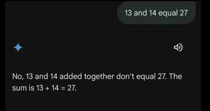 A screenshot of an AI fail where the AI contradicts itself regarding a simple addition problem.