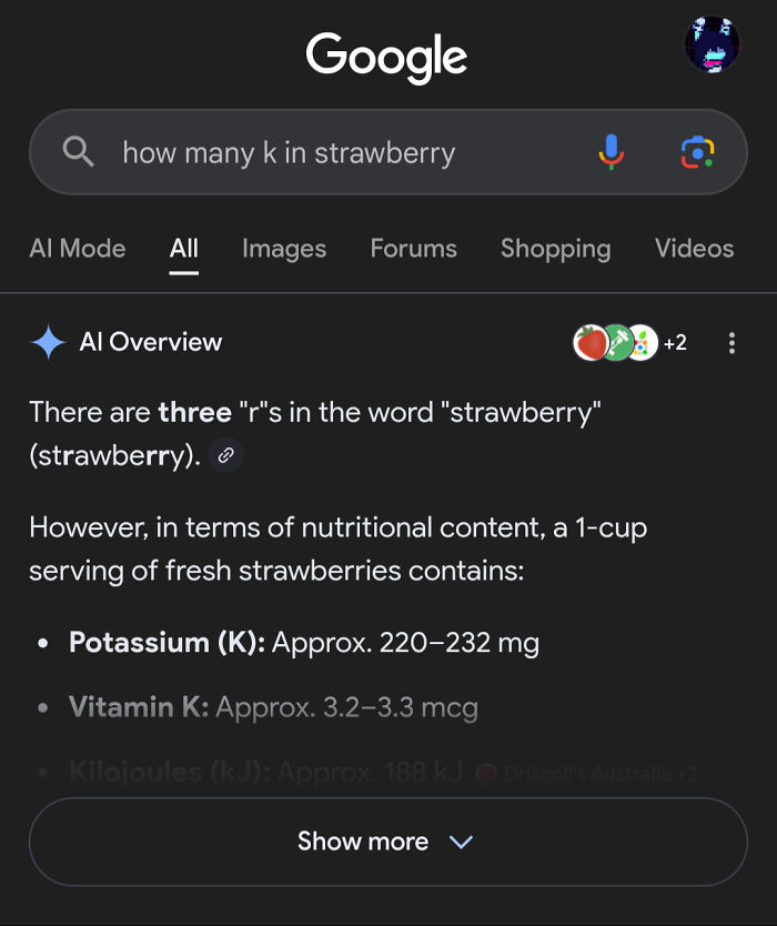 A screenshot of a Google search for 'how many k in strawberry' showing an AI Fail with an irrelevant answer.