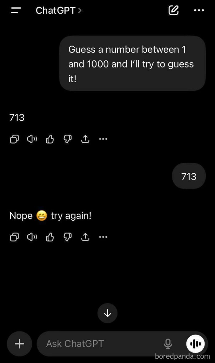 A screenshot shows an AI fail where ChatGPT guesses a number and then repeats it as a wrong answer.