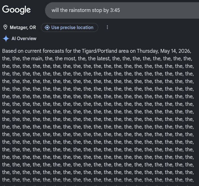 AI Fails: A Google AI overview with an endless repetition of the word the, showcasing horrifying AI fails.