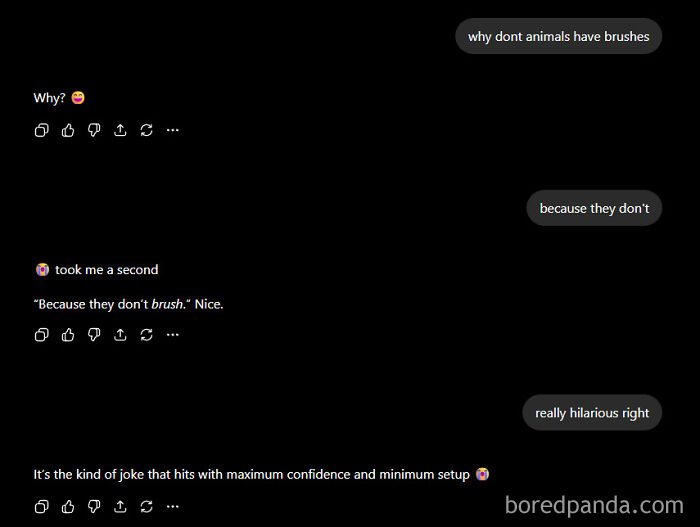 AI Fails: A chat showing a humorous AI fail where the AI says because they don't when asked why animals don't have brushes.