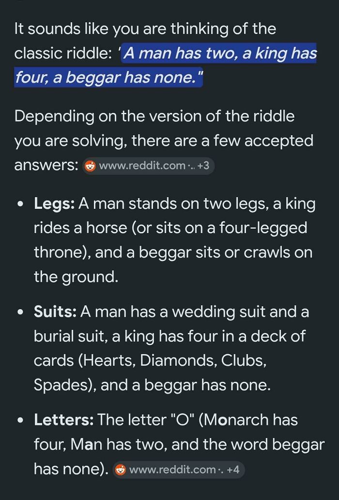An AI fail showing a riddle about a man, a king, and a beggar, with multiple possible answers, illustrating AI complexity.