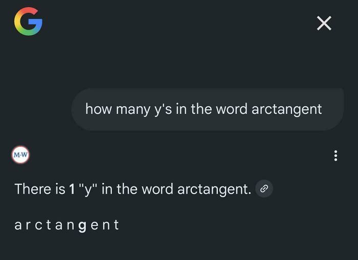 An AI fail showing a search for ys in arctangent returning the correct answer, highlighting that not all AI interactions are fails.