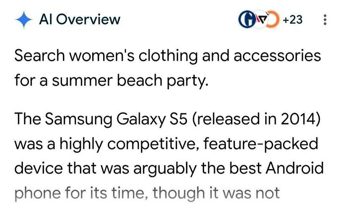 An AI fail showing a search for women's clothing returning information about a Samsung Galaxy S5, showcasing AI errors.