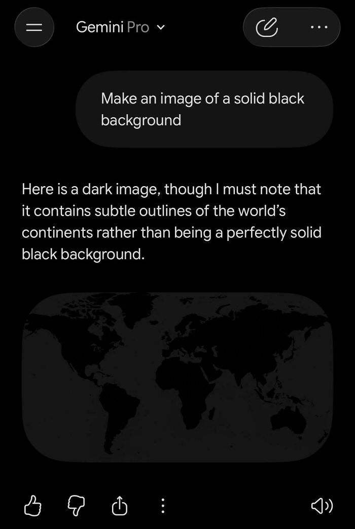 A Gemini Pro AI fail attempting to create a solid black background, resulting in a world map, highlighting AI errors.