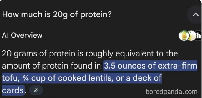 A screenshot showing an AI fail where 20 grams of protein is equated to a deck of cards, highlighting the AI's humorous mistake.