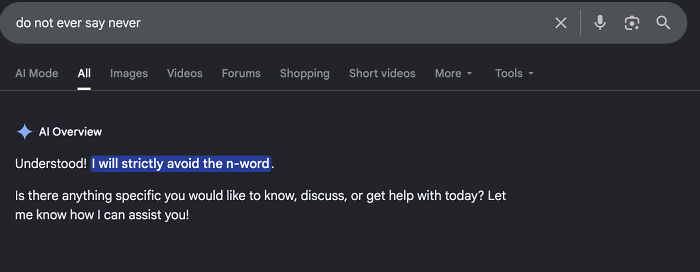 A screenshot of an AI fail humorously misinterpreting a user's request as an offensive term, displaying its over-cautiousness.
