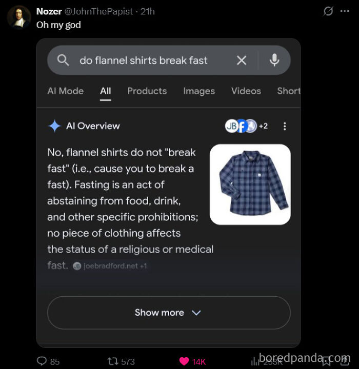 A screenshot showing an AI fail humorously answering if flannel shirts break fast, highlighting the AI's literal interpretation.