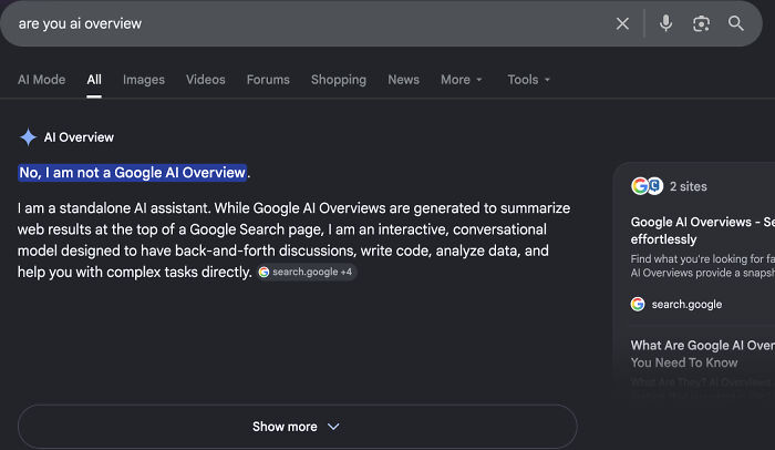 A screenshot capturing an AI fail where the AI assistant claims not to be a Google AI Overview, despite being exactly that.