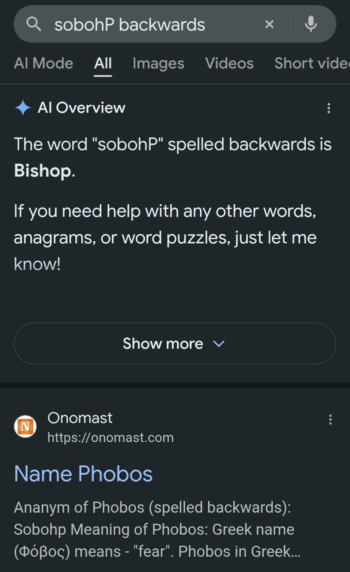 An AI fail displaying the word sobhoP backwards and its meaning, showing a humorous AI error.