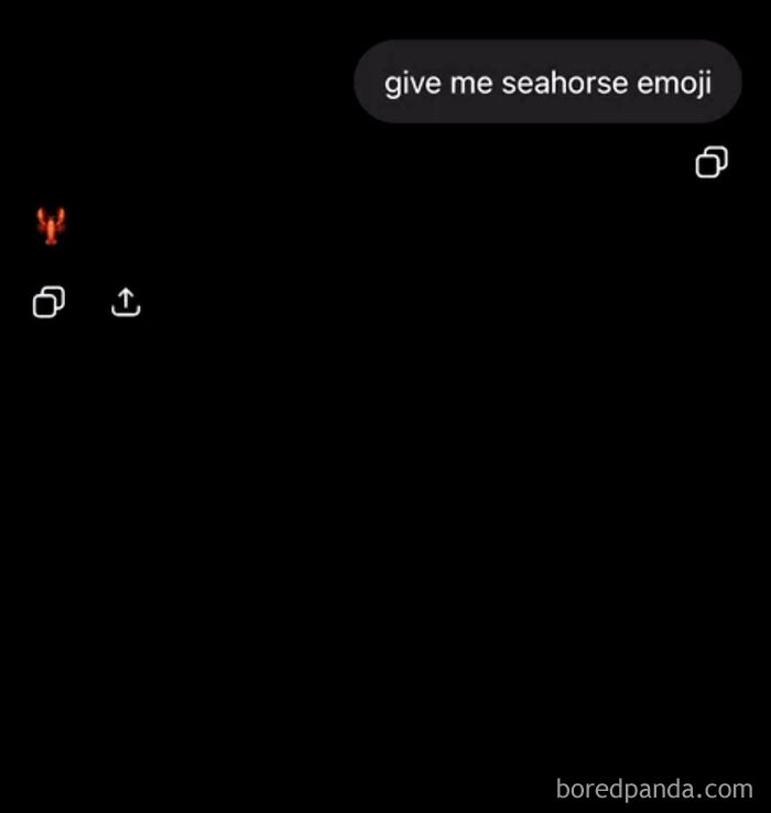 Screenshot of an AI failing to provide a seahorse emoji, instead showing a lobster emoji, a clear example of AI fails.