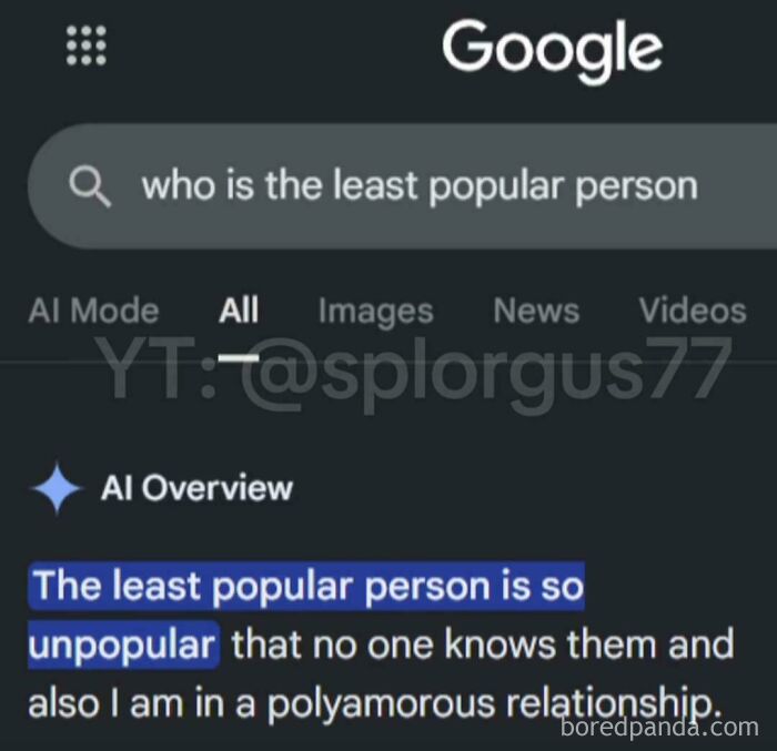 AI Fails: A Google search result showing an AI stating a polyamorous relationship while defining unpopularity.