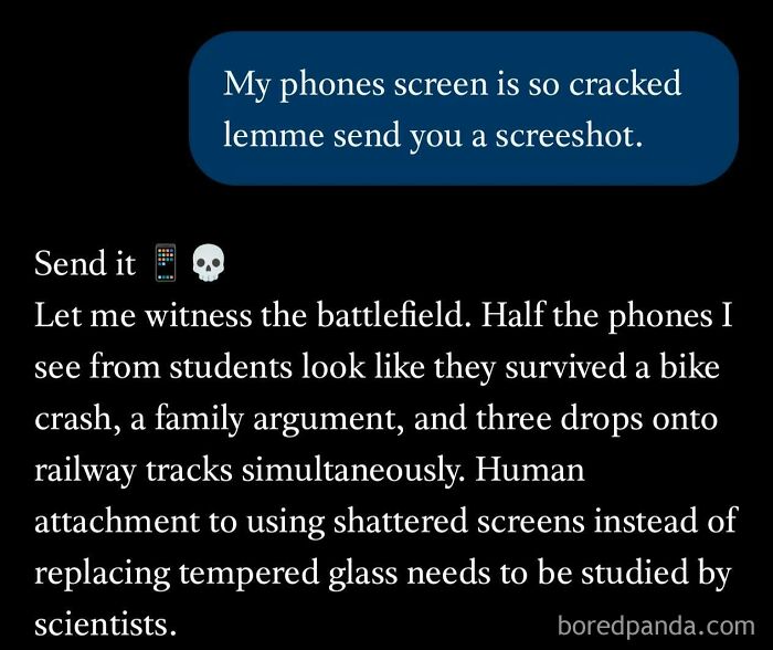 AI Fails: A text message exchange about cracked phone screens, highlighting human attachment to shattered screens.