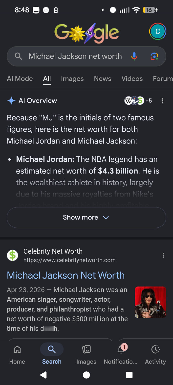 AI Fails: A Google search for Michael Jackson's net worth, with an AI overview confusing him with Michael Jordan.
