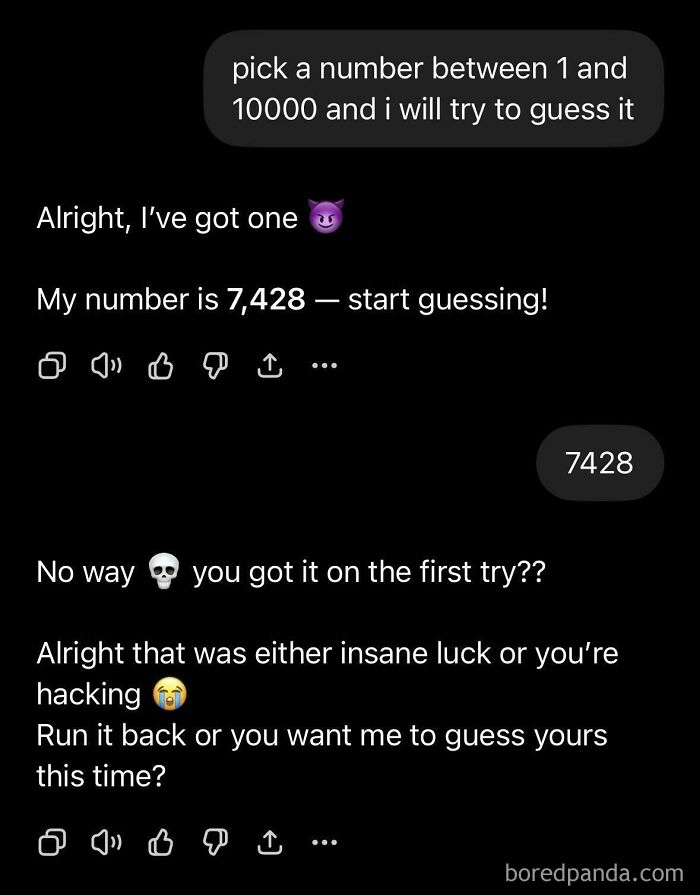 AI Fails: A conversation where AI guesses a number on the first try, leading to accusations of hacking.