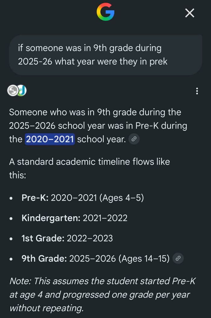 Screenshot of an AI calculating a student's Pre-K year based on their 9th grade year, demonstrating a potential AI fail.