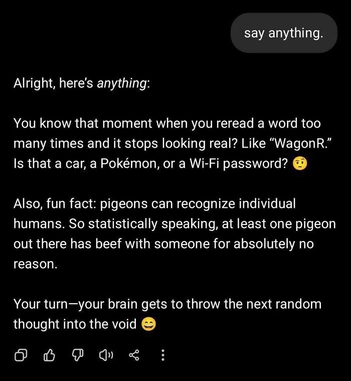 Screenshot of an AI text response with random thoughts, showcasing a humorous AI fail.