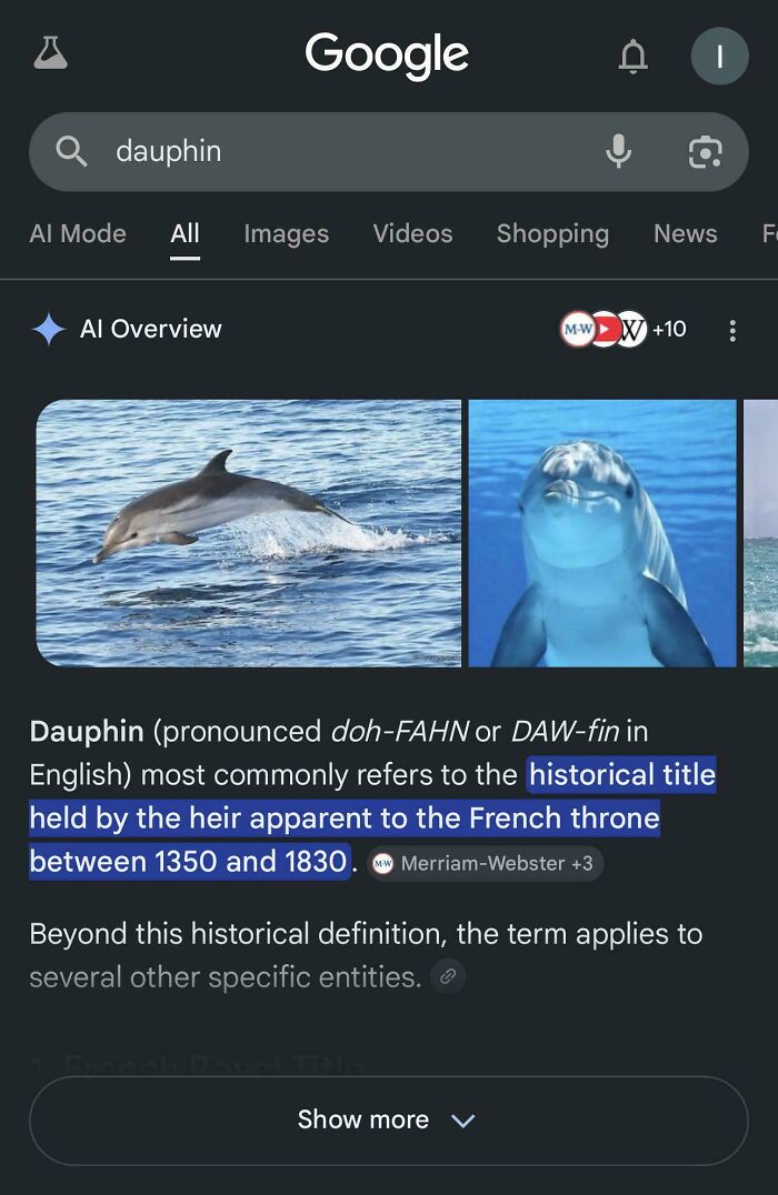Screenshot showing a Google AI overview of the word 'dauphin,' with images of dolphins, an example of AI fails.