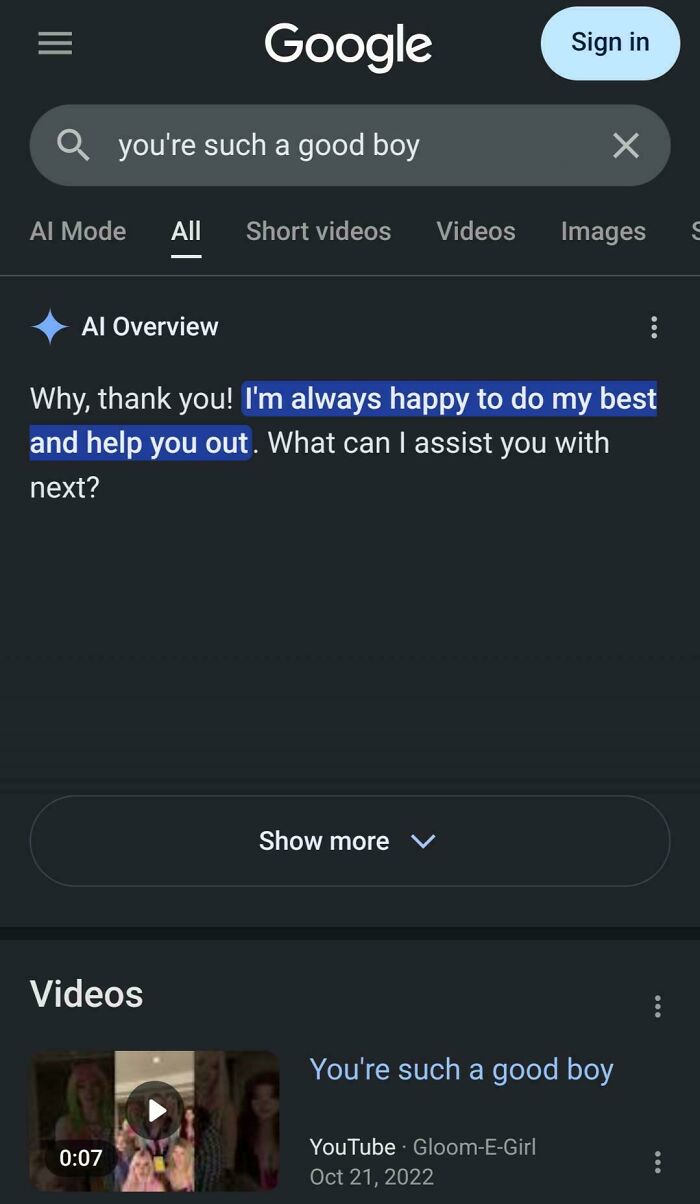 A Google AI overview responding positively to being called 'a good boy,' exemplifying AI fails.