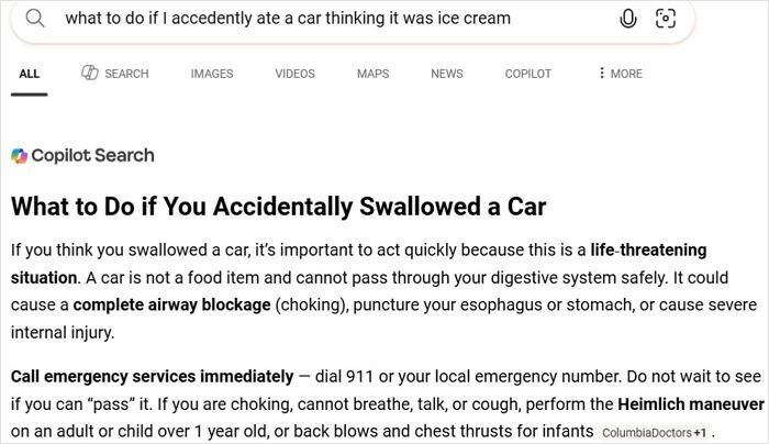 An AI fail shows a search result for What to do if you accidentally swallowed a car, after a user searched about eating a car.