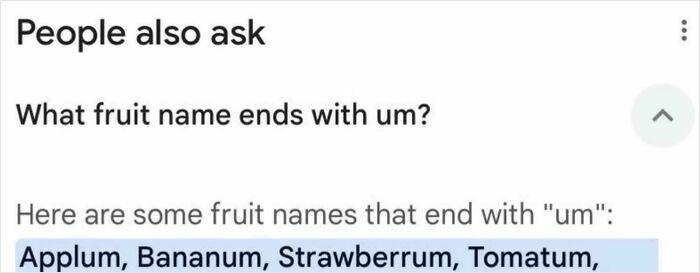 A screenshot shows an AI fail with a search asking What fruit name ends with um?, answered by made-up fruit names.
