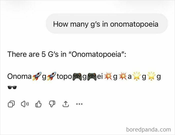 A funny AI fail shows a Google search for the number of gs in onomatopoeia with an emoji-filled response.