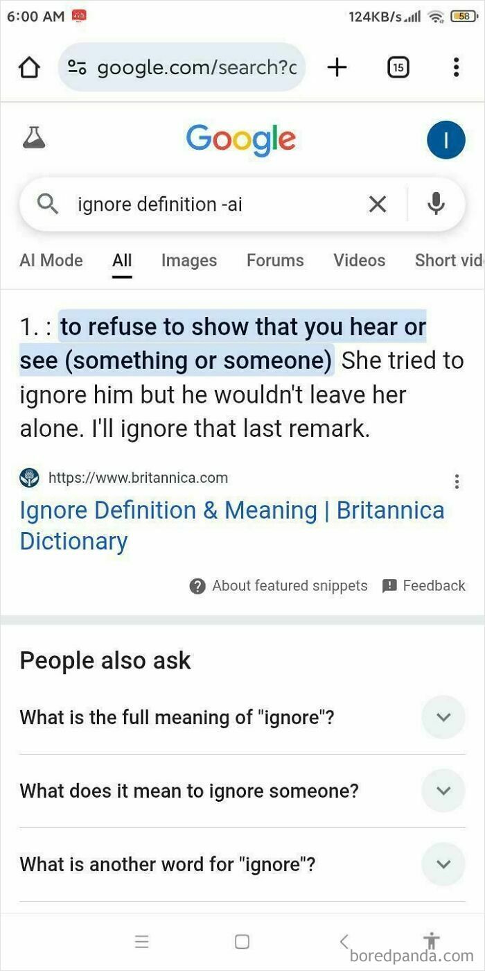 An image displays an AI fail with a Google search for ignore definition -ai, showing the definition.