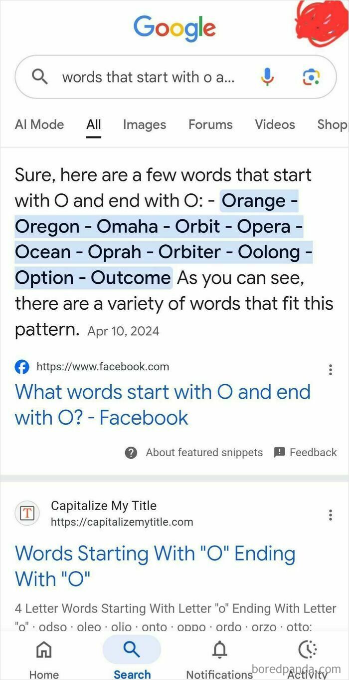 A Google search result showing an AI Fail for words that start and end with 'O', highlighting incorrect words.