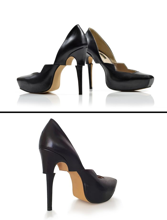 Kobi Levi's imaginative shoes with a unique design, appearing as if a chunk is removed from each black high heel.
