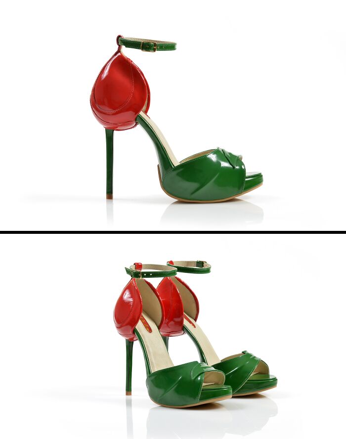 Imaginative red and green creative shoes by Kobi Levi, designed like a fruit with a stem heel and ankle strap.