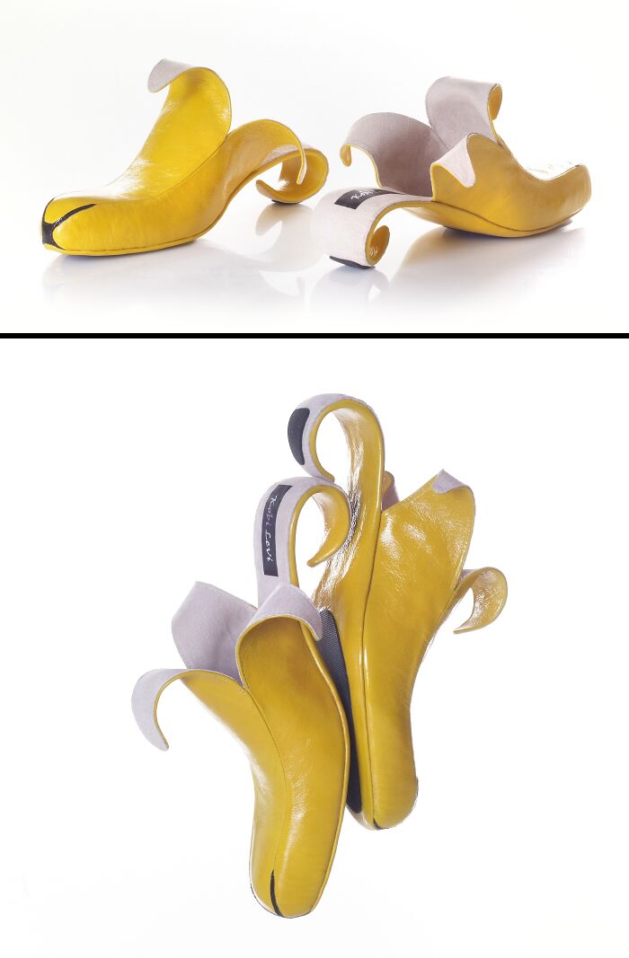 A pair of creative and imaginative shoes designed by Kobi Levi resembling bananas with peels. These artistic footwear designs.