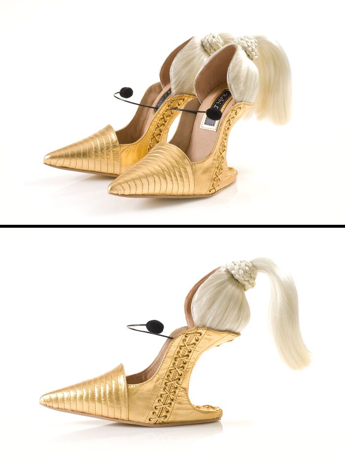 Unique gold creative and imaginative shoes by Kobi Levi, designed with a ponytail and microphone. Fashion-forward footwear.