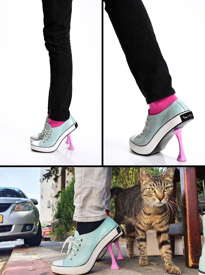 Person wearing creative and imaginative shoes designed by Kobi Levi, light blue with pink heels, resembling cat legs.