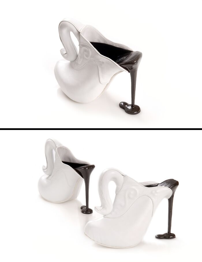 White and black creative and imaginative shoes by Kobi Levi, shaped like a swan or pitcher, with a high heel and unique form.
