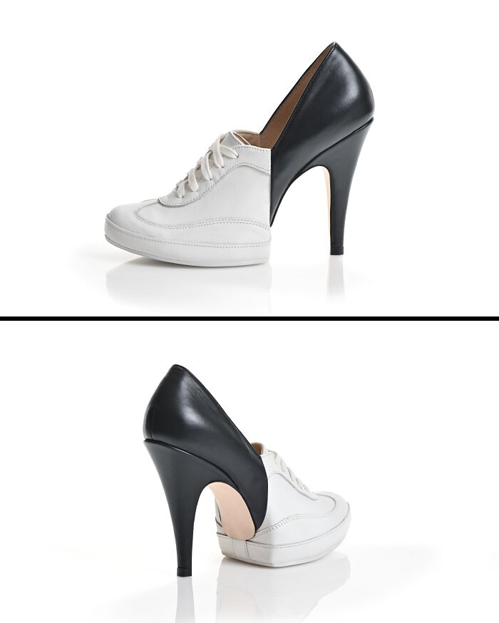 Creative and imaginative shoes designed by Kobi Levi, featuring a unique half-sneaker, half-high-heel design.