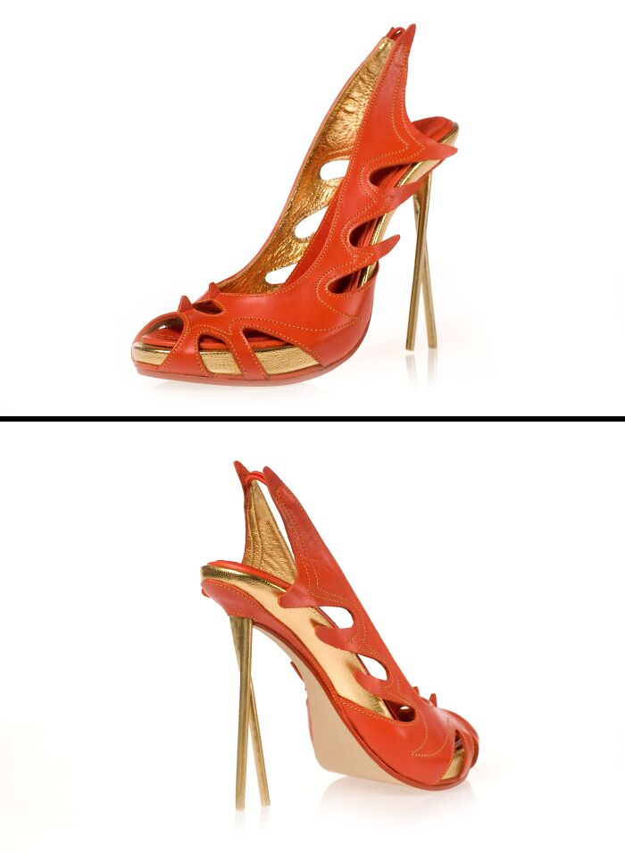 Creative and imaginative orange and gold high-heeled shoes by Kobi Levi.