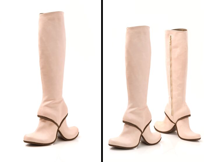 Creative and imaginative beige knee-high boots with unique heels by Kobi Levi.