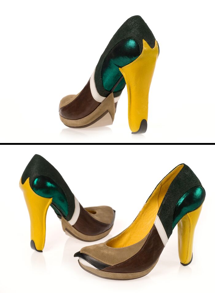 A pair of Kobi Levi creative shoes designed to resemble a duck with a yellow beak heel and green, brown, and white body.
