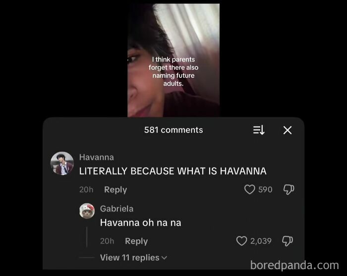 A screenshot of funny TikTok comments discussing naming future adults, with one unhinged comment asking, 'What is Havanna?'