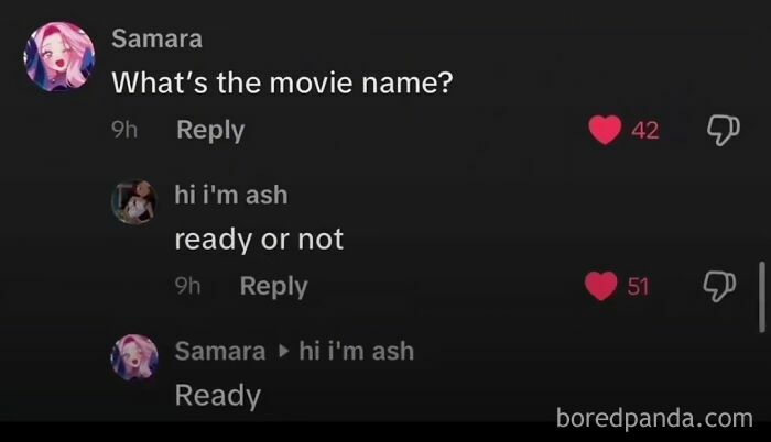 Screenshot of funny TikTok comments with a user asking about a movie name and a clever reply, a funny TikTok comment.