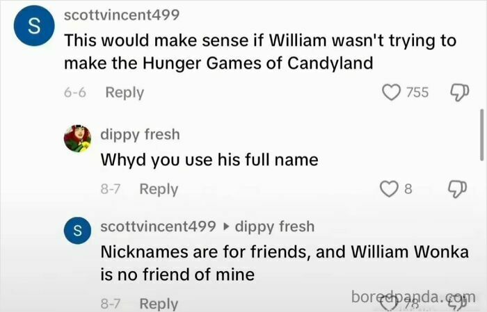 Screenshot showing unhinged TikTok comments about William Wonka and the Hunger Games of Candyland.