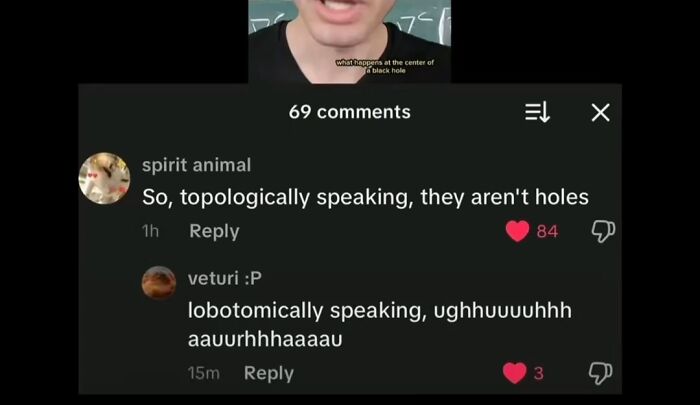 Screenshot of funny TikTok comments debating the topological nature of holes in a black hole discussion.