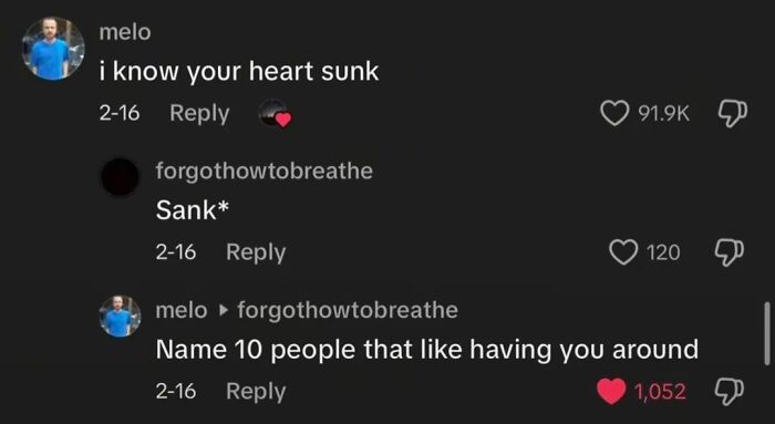 A screenshot of funny TikTok comments with a user correcting grammar, then receiving a witty comeback.