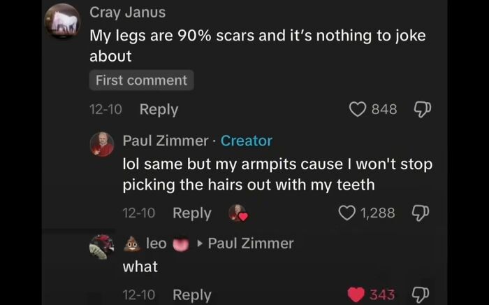 A funny and unhinged TikTok comment chain where one user jokes about picking armpit hairs with teeth.