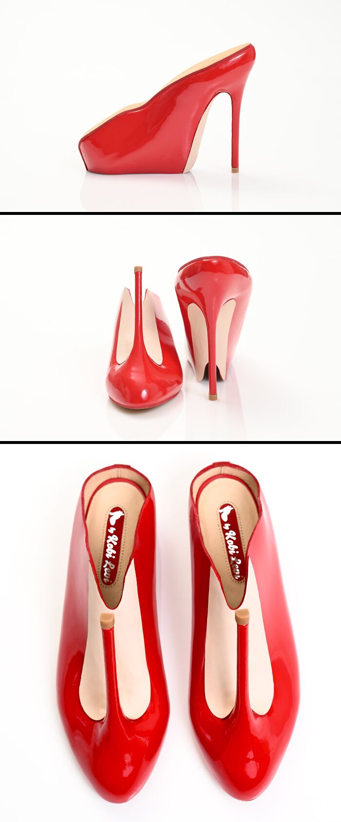 Three views of Kobi Levi imaginative shoes, showcasing vibrant red patent leather and a unique heel design.