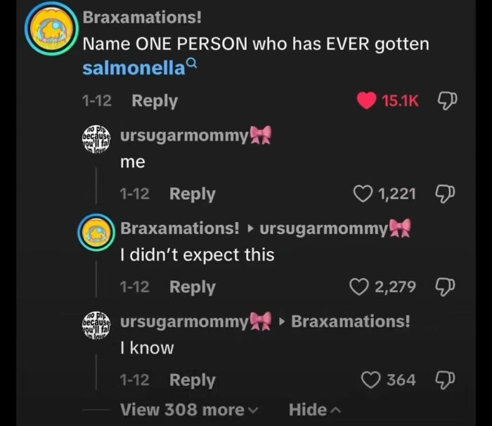Unhinged TikTok comments with a user asking about salmonella and another replying 'me'.